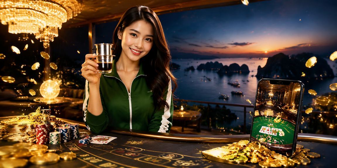 Người chơi thưởng thức baccarat online cùng ly cà phê với tầm nhìn vịnh Hạ Long